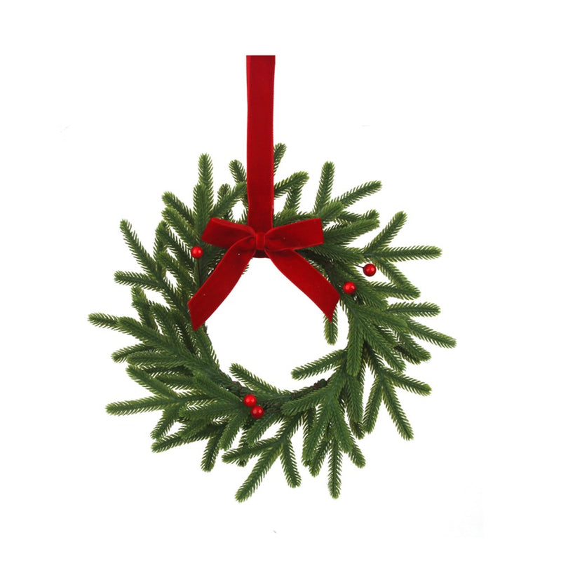 25cm real touch pine wreath with burgundy ribbon