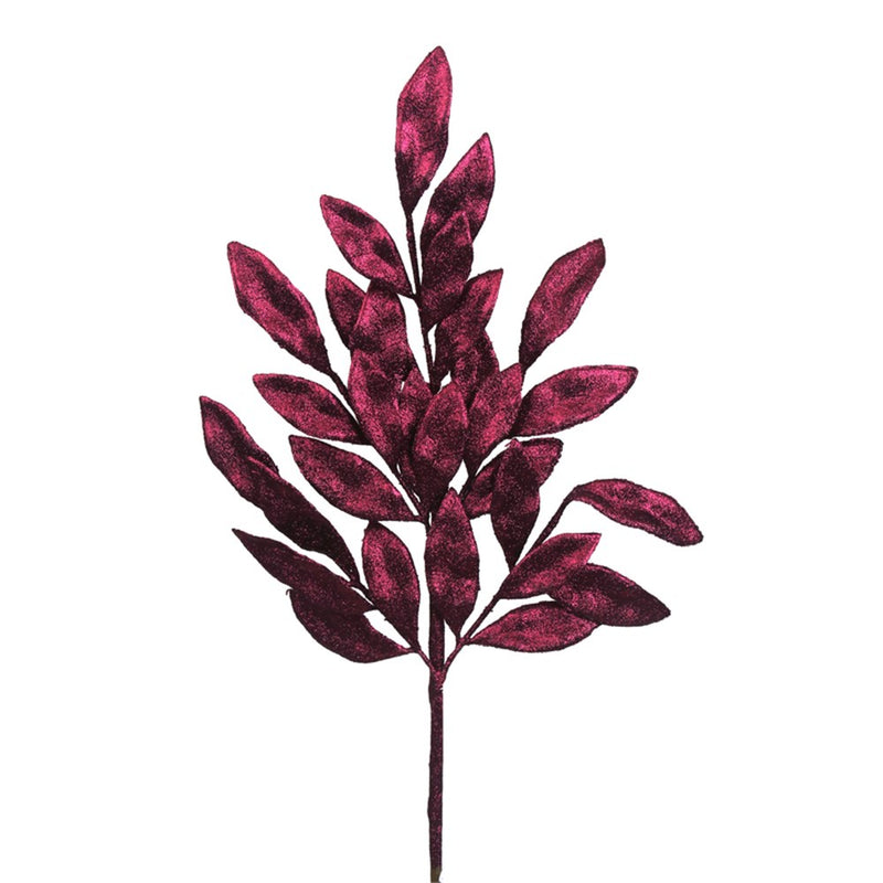 60cm plum pink glitter bay leaf Christmas stem