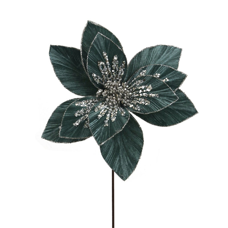celadon green velvet poinsettia with glitter and 50cm stem