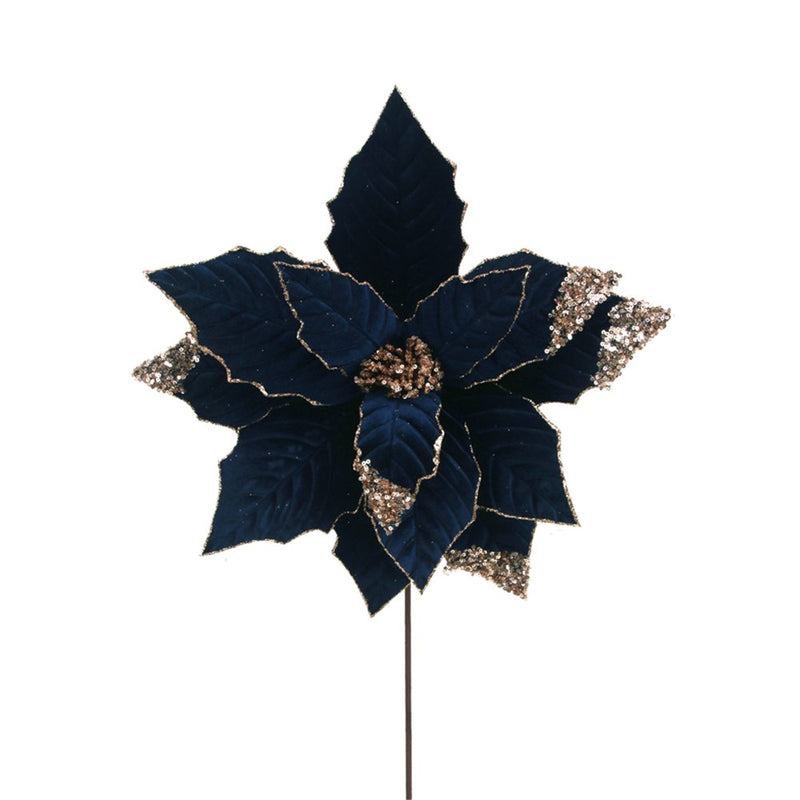 navy blue velvet poinsettia with glitter and 50cm stem