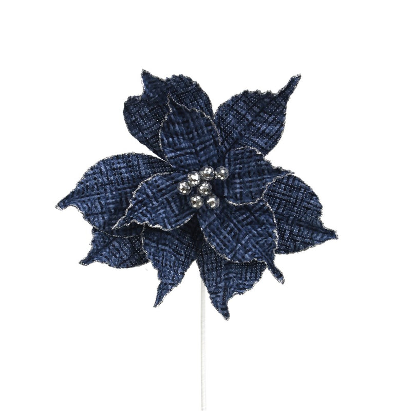 blue tweed poinsettia with 50cm Christmas stem