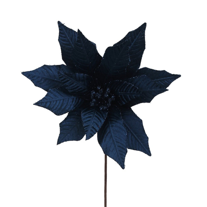 midnight blue velvet poinsettia with glitter and 50cm stem