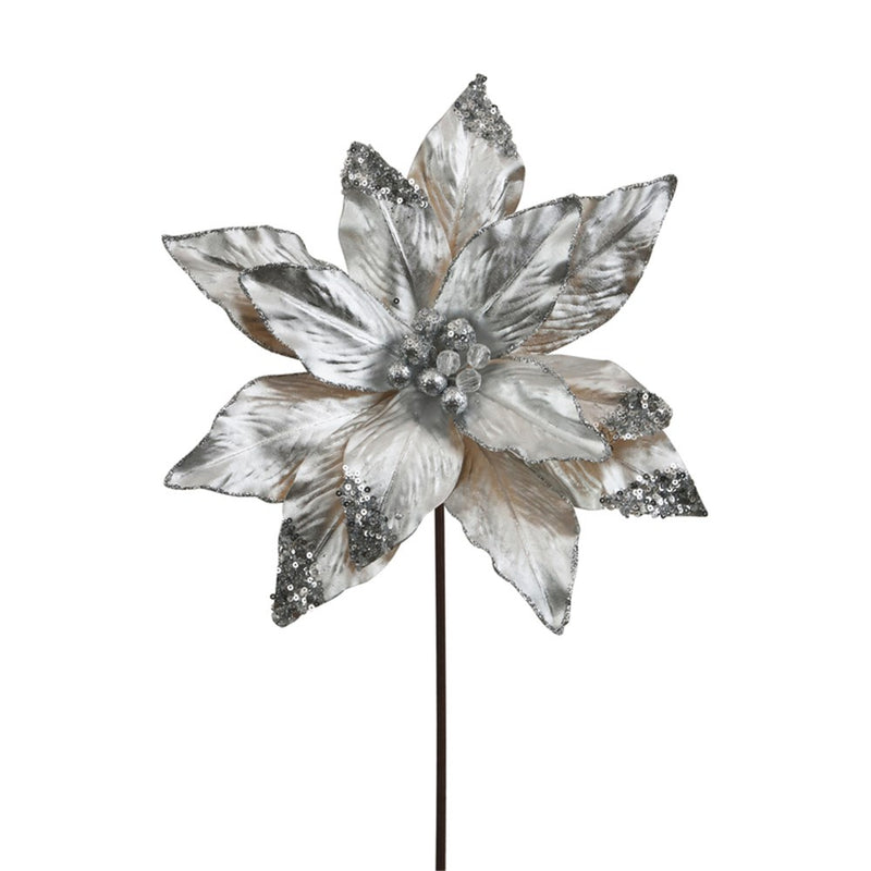 silver poinsettia with jewelled centre and 50cm stem