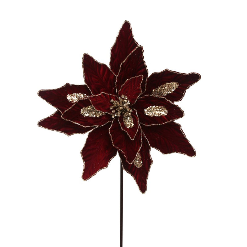 burgundy velvet poinsettia with glitter and 50cm stem