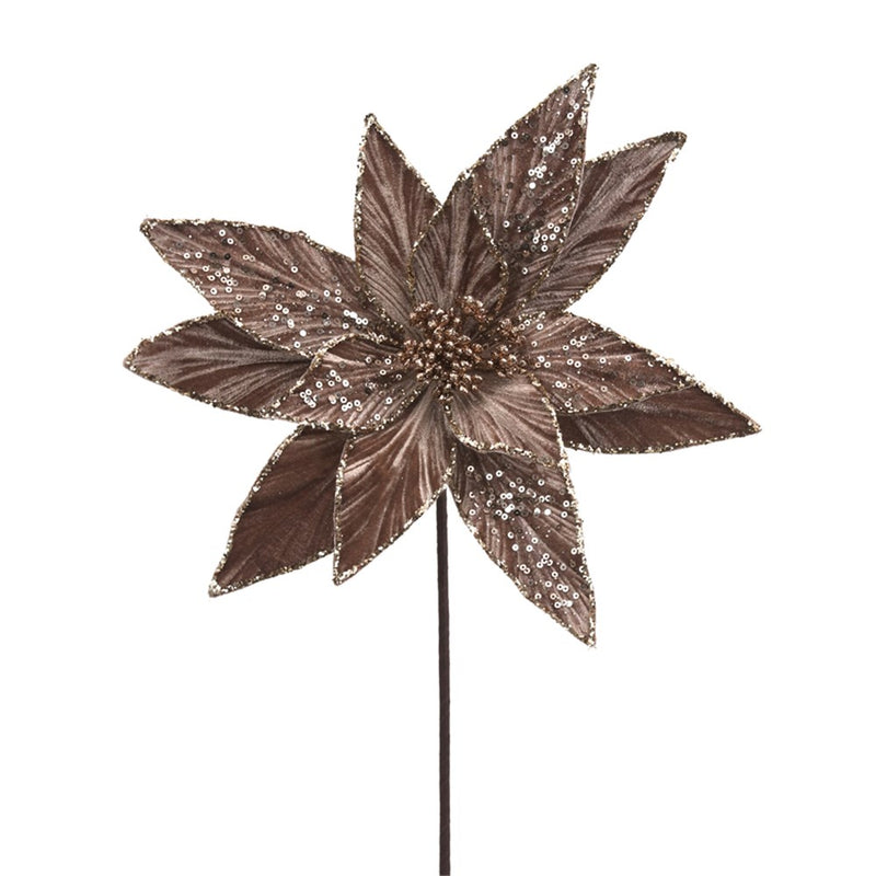 mocha velvet poinsettia with glitter and 50cm stem