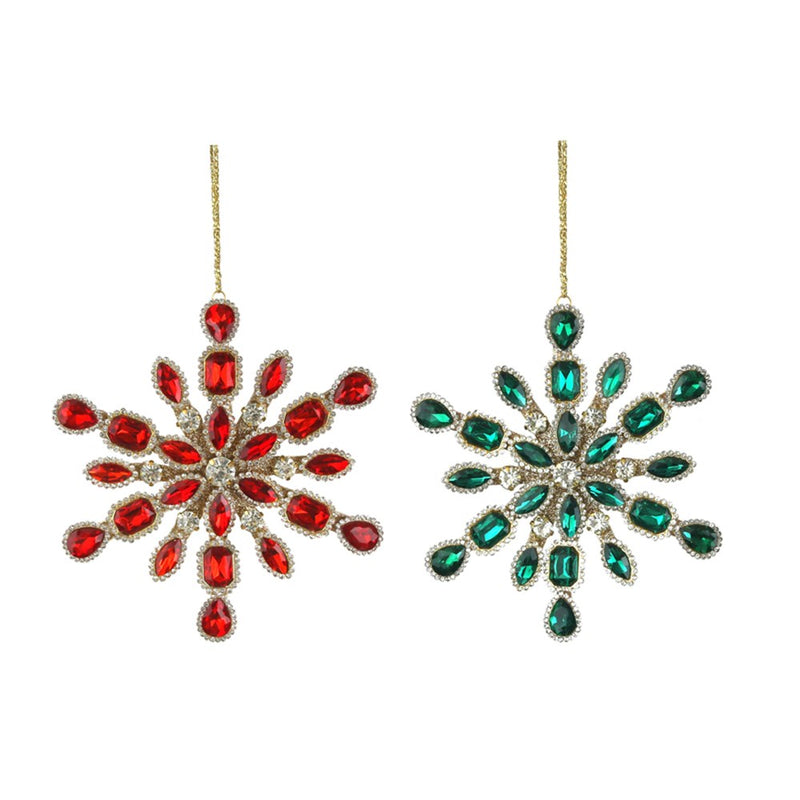 13cm red and emerald jewelled snowflake ornaments