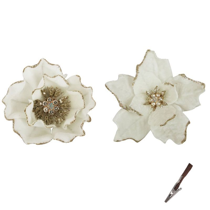 14cm ivory poinsettia and magnolia Christmas clips