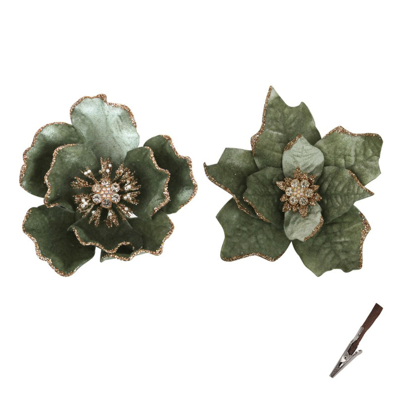 14cm sage poinsettia and magnolia Christmas clips