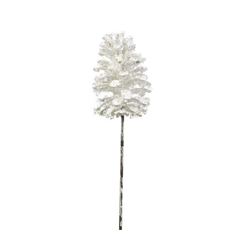 15cm white crystal pinecone Christmas stem