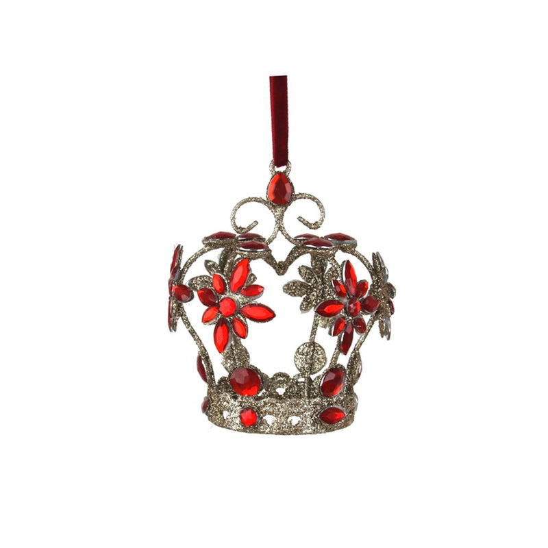 red jewelled crown ornament with champagne glitter