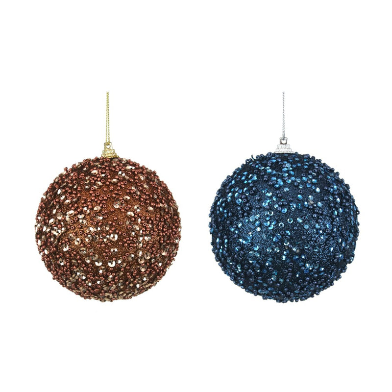 10cm navy blue and mocha glitter beaded Christmas ball