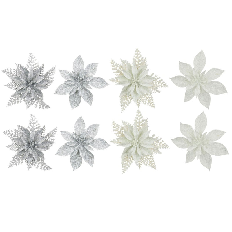 2 pack 15cm white and silver glitter Christmas flowers