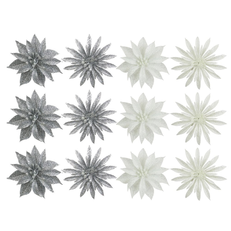 3 pack white and silver glitter Christmas flowers 9.5cm