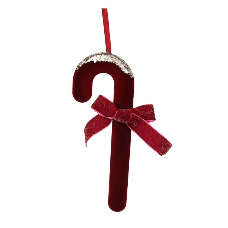 burgundy velvet candy cane with rose glitter and ribbon