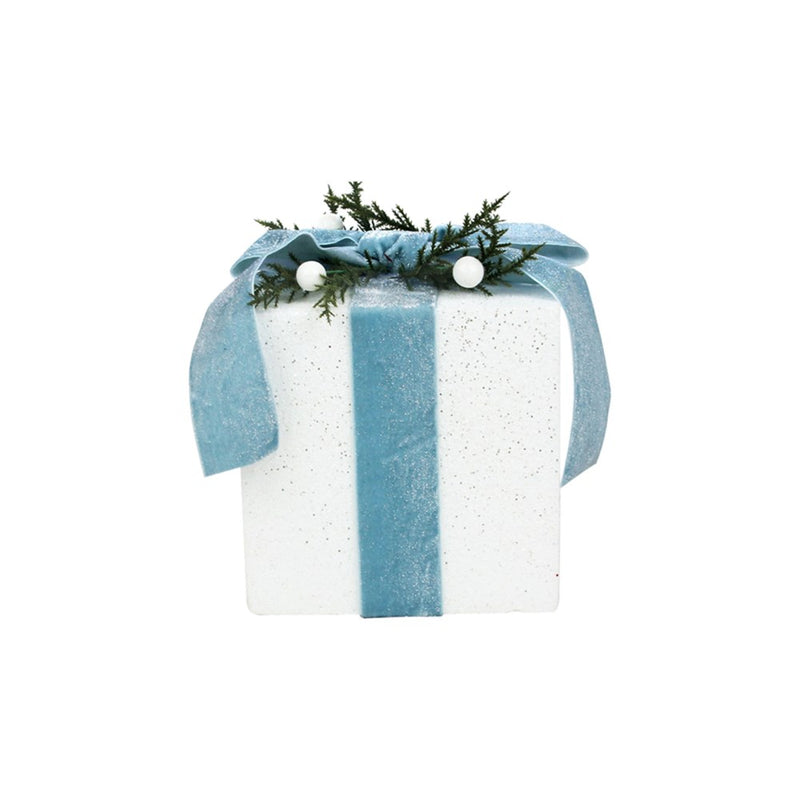 white glitter Christmas gift box with pale blue ribbon 15 x 15 x 17cm