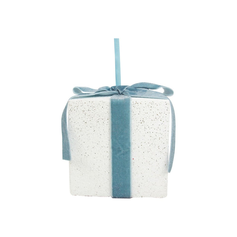 white glitter Christmas gift box with pale blue ribbon