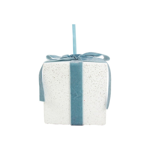 white glitter Christmas gift box with pale blue ribbon