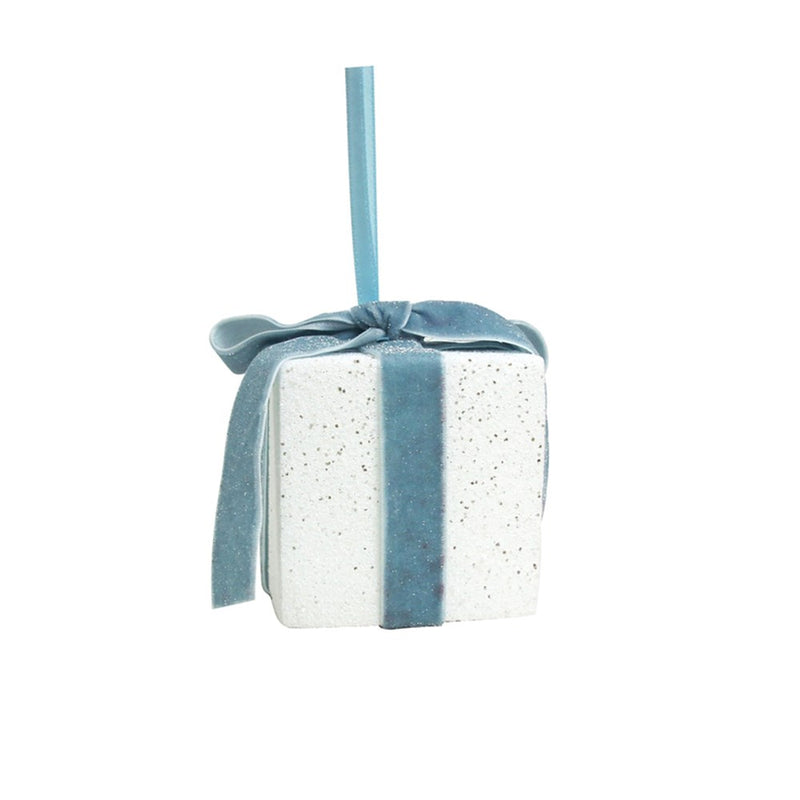 small white glitter gift box with pale blue ribbon