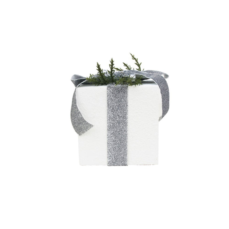 white glitter gift box with silver ribbon 15 x 17cm
