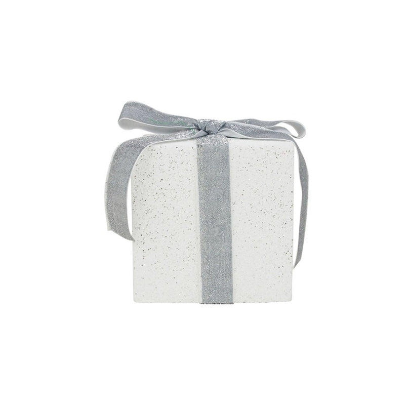 white glitter gift box with silver ribbon 12 x 14cm