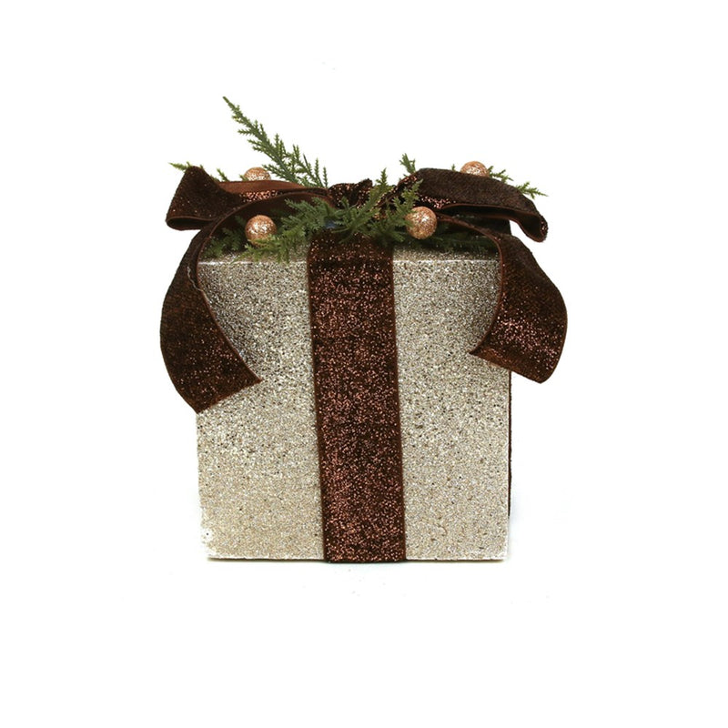 champagne glitter gift box with chocolate velvet ribbon 15 x 17cm