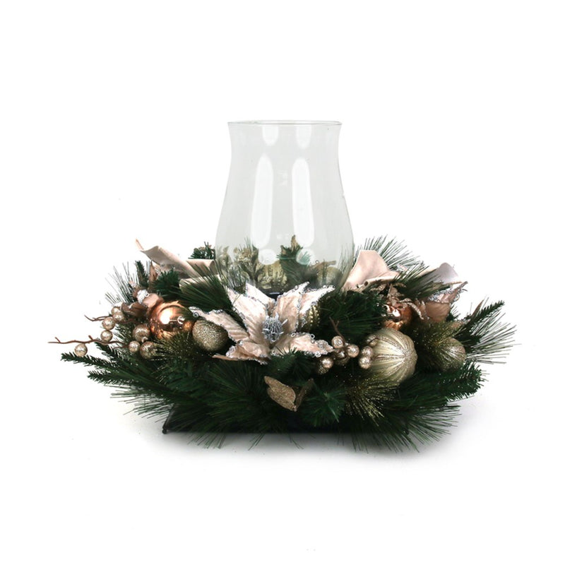 champagne poinsettia wreath with single candle holder