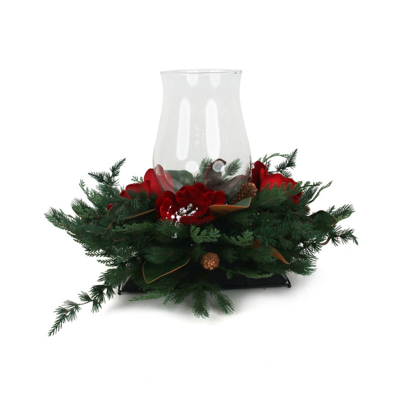 red magnolia Christmas wreath with single glass candle holder