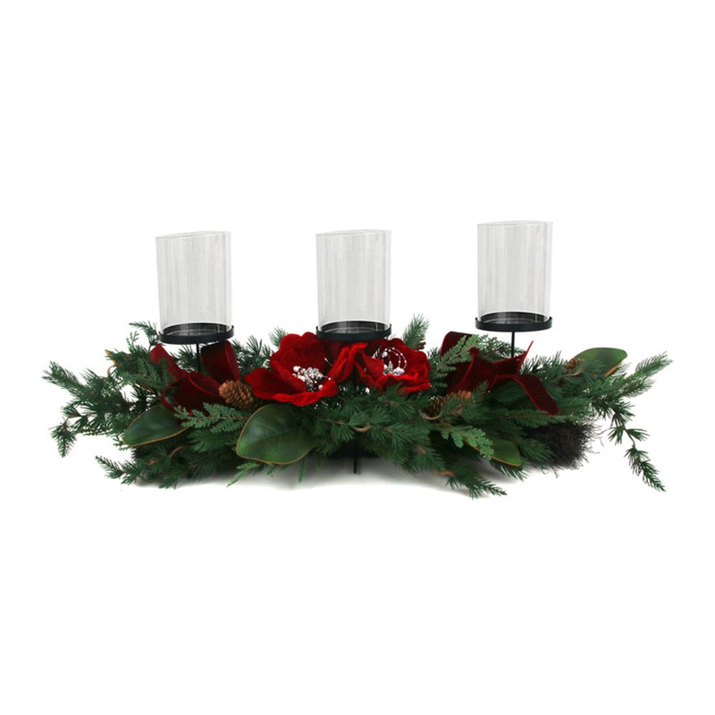 three candle holder with red magnolia and faux pine leaves