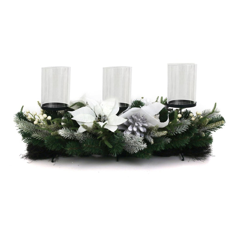 three candle holder with white magnolia Christmas decoration