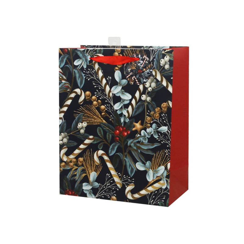 large holly and candy cane Christmas gift bag