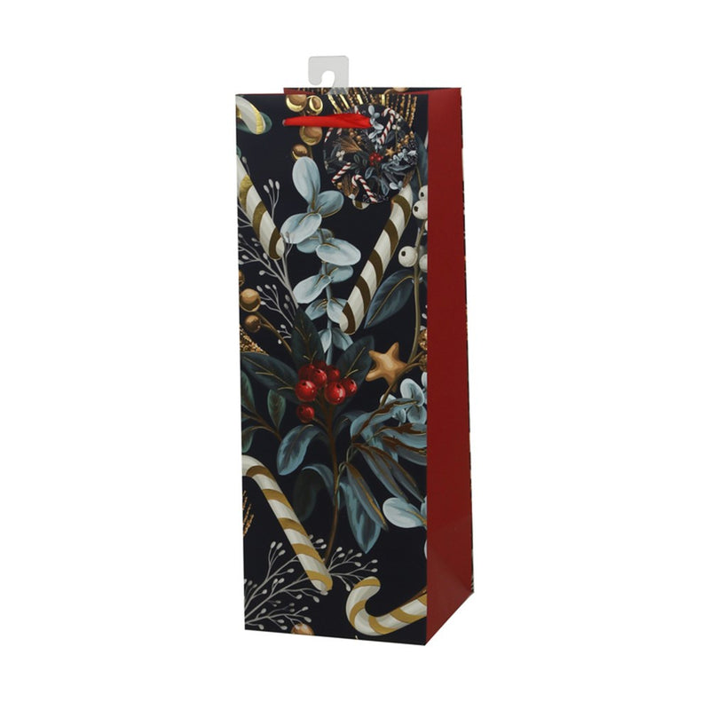 holly and candy cane Christmas bottle gift bag