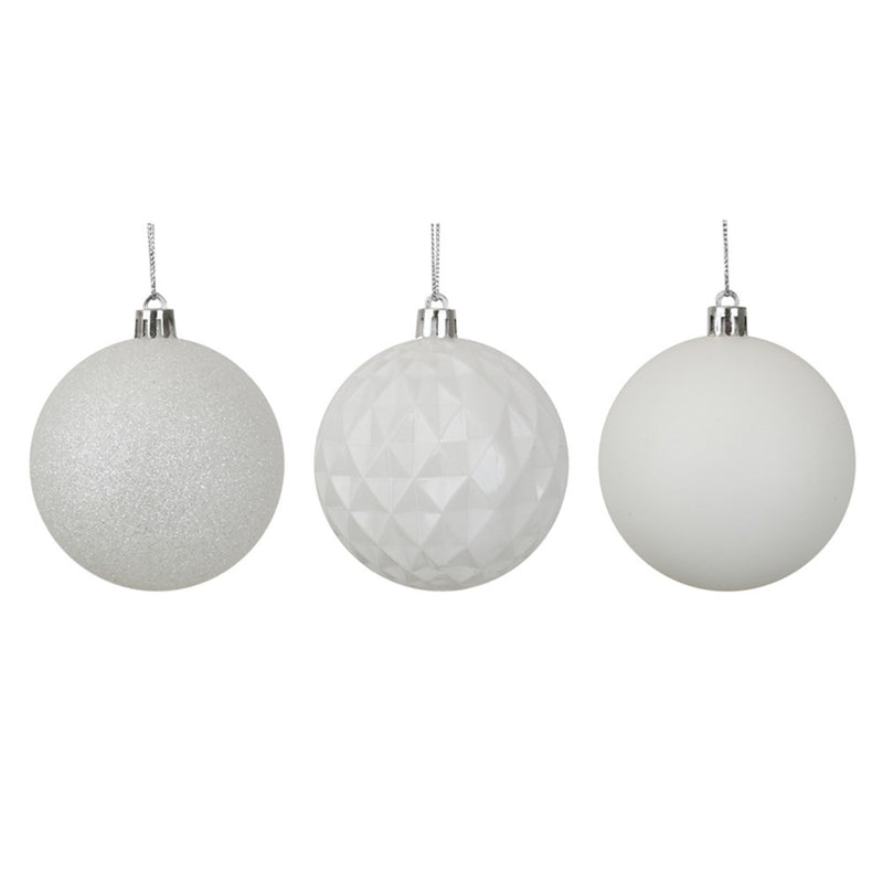 4 pack white shatterproof Christmas baubles 8cm