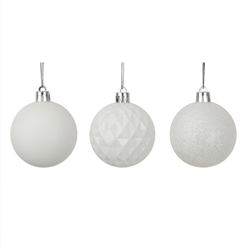 8 pack white shatterproof Christmas baubles 6cm