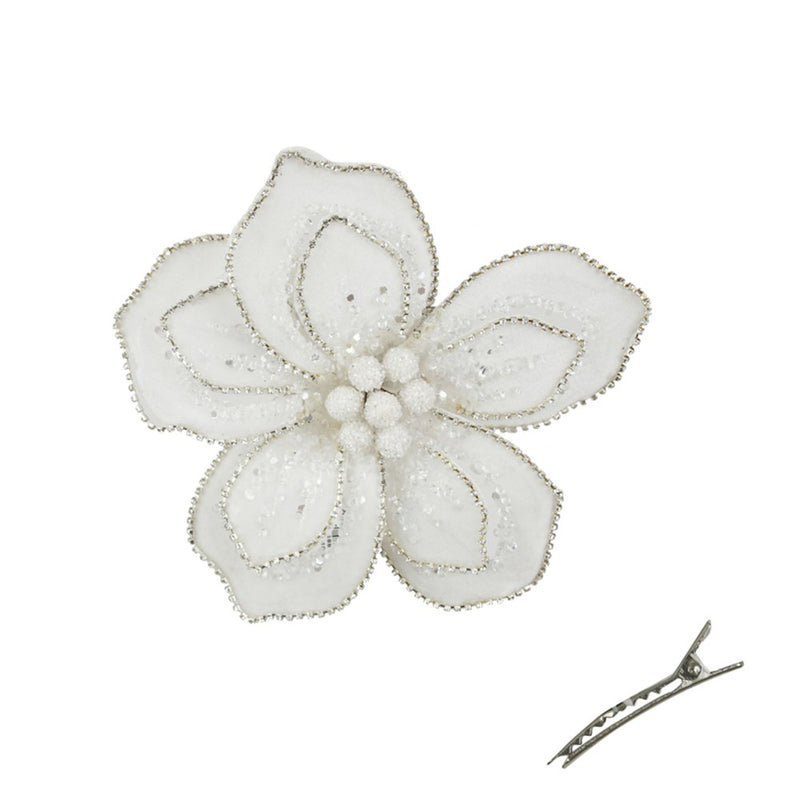 18cm white velvet Christmas flower with silver jewels and clip