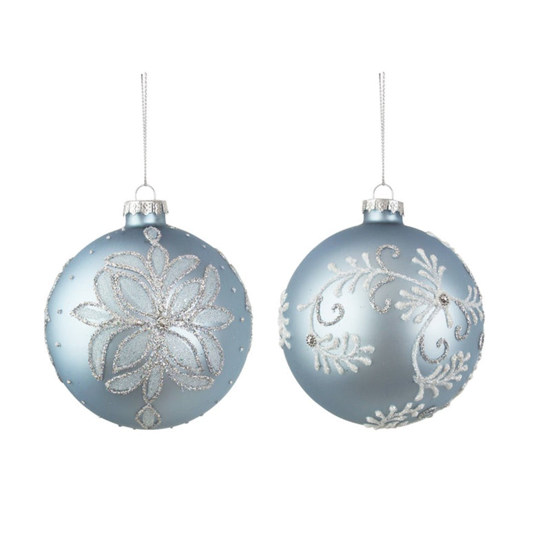 pale blue glass Christmas baubles with handpainted details
