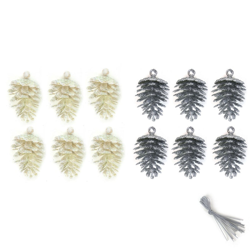 6 pack white and silver mini Christmas pinecones
