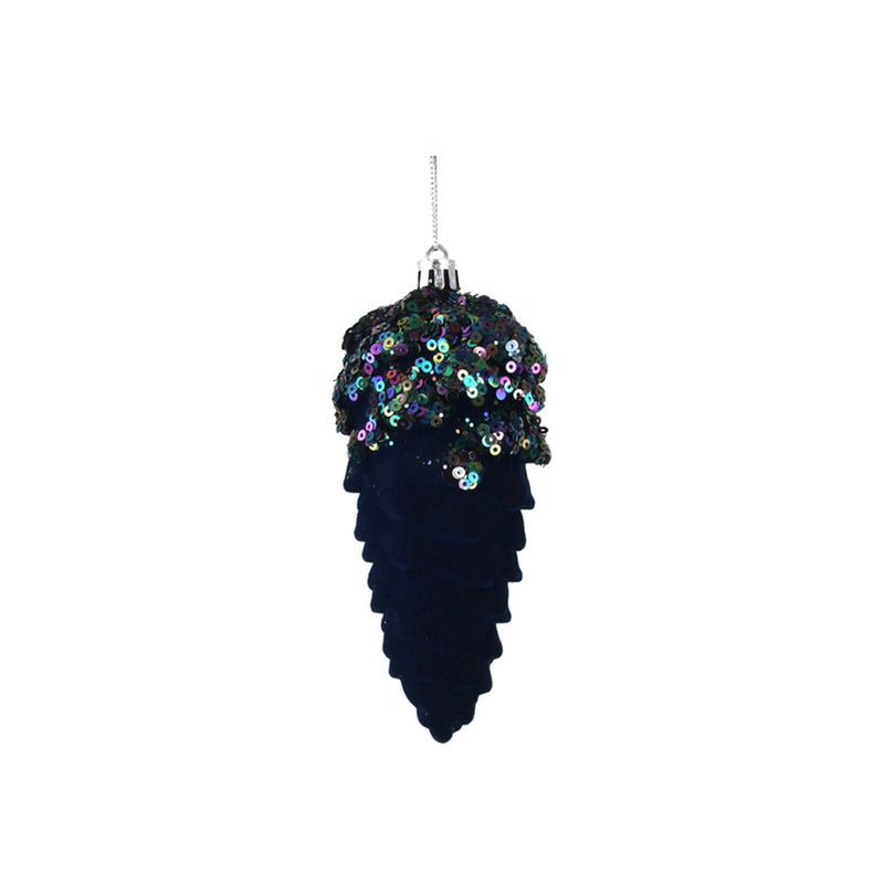 13.5cm navy flocked pinecone Christmas tree decoration