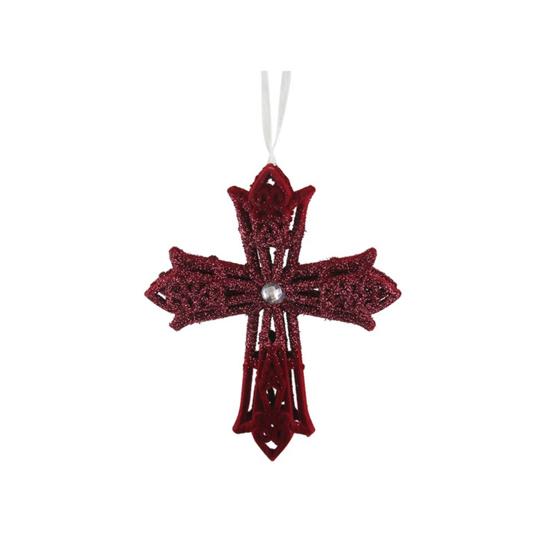 12cm burgundy flocked crucifix Christmas tree decoration
