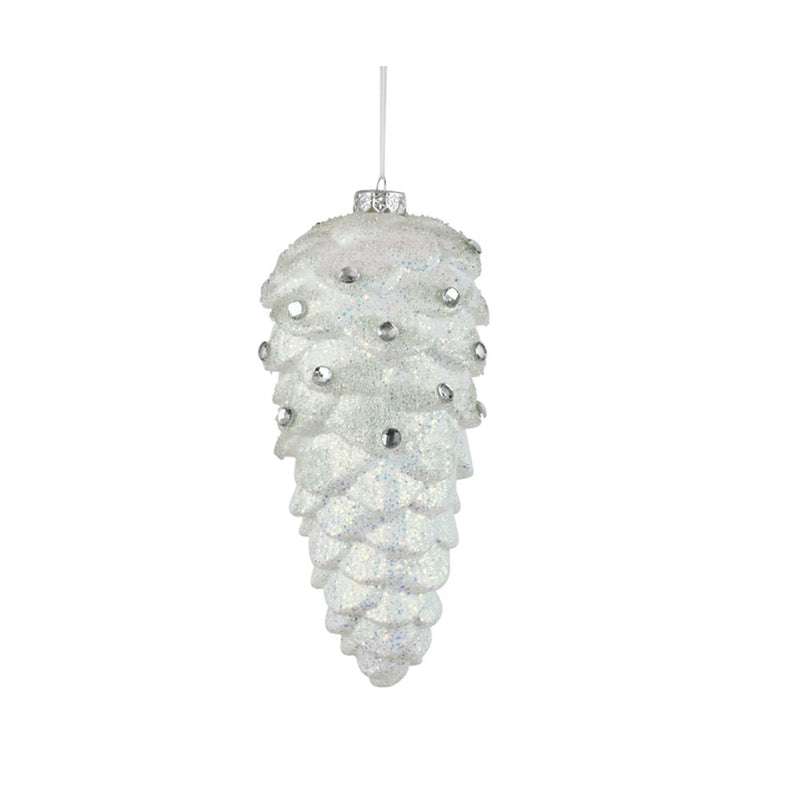 white Christmas pinecone with clear jewel details