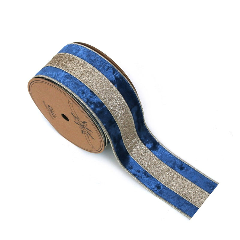 pale blue and champagne velvet wired Christmas ribbon 6.3cm x 5m