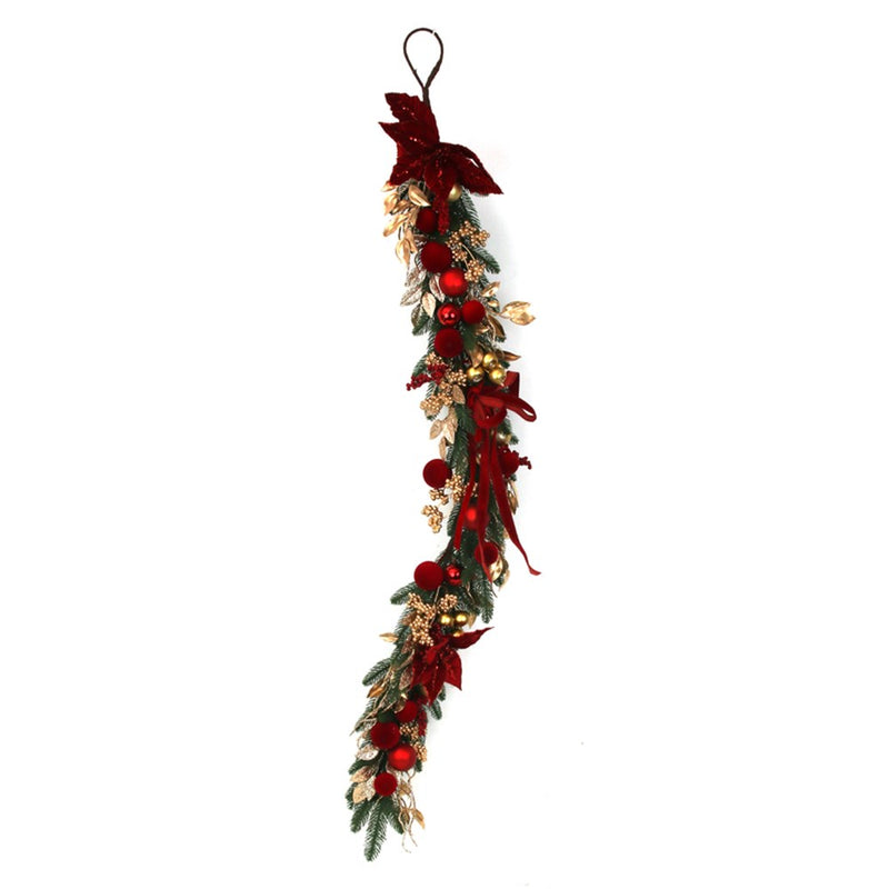 140cm predecorated pine garland with red poinsettias and gold leaves