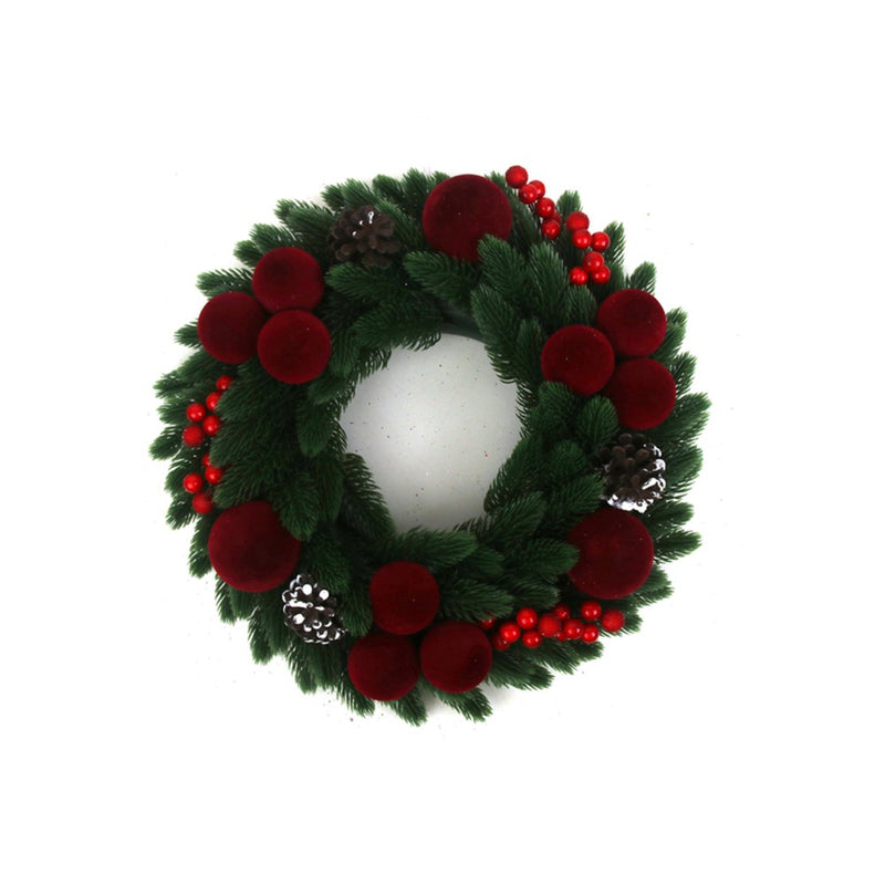 30cm flocked burgundy bauble Christmas wreath