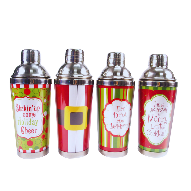 Four cocktail shakers with festive labels on a white background