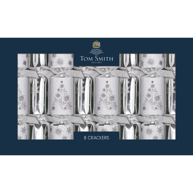 Large deluxe silver Christmas crackers arranged on an elegant festive table.