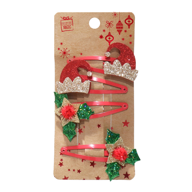 Hair Clip Red-Green Deco 4pk Assorted 2