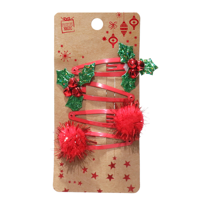 Hair Clip Red-Green Deco 4pk Assorted 3