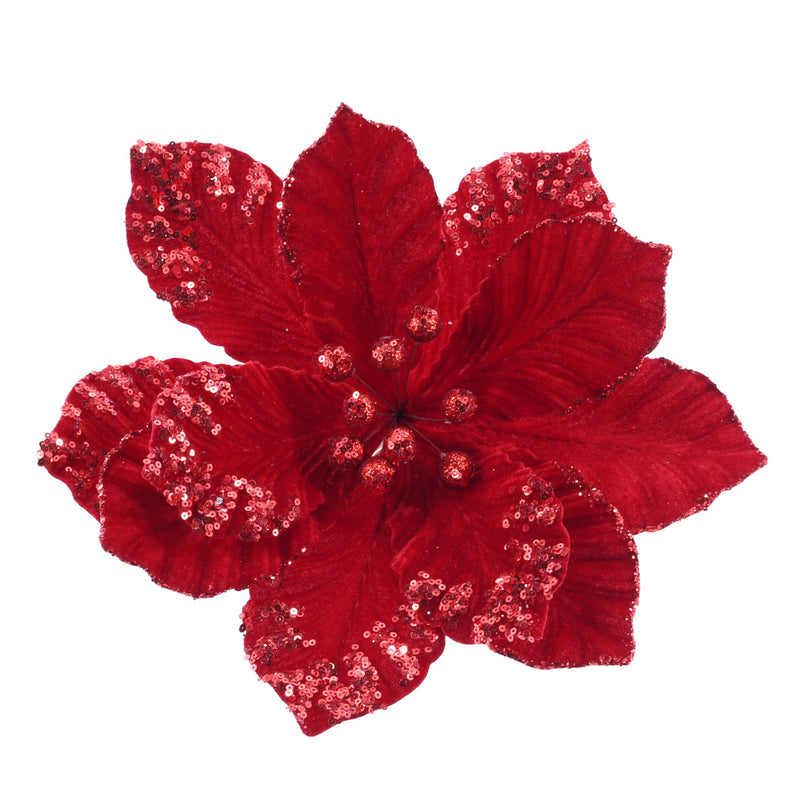Embossed Sequin Poinsettia Stem Assorted 3
