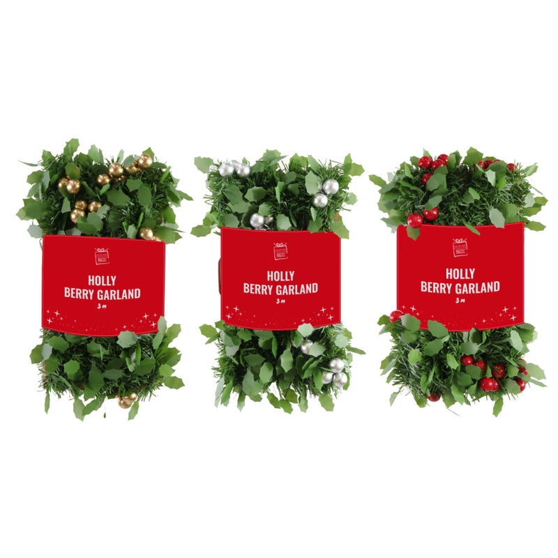 Holly Berry Garland 3m Assorted 8