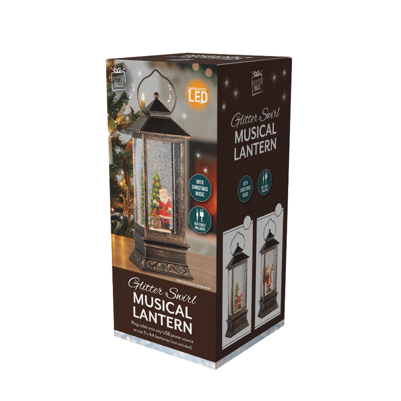 Glitter Swirl Music Lantern Santa Scene USB Assorted 6