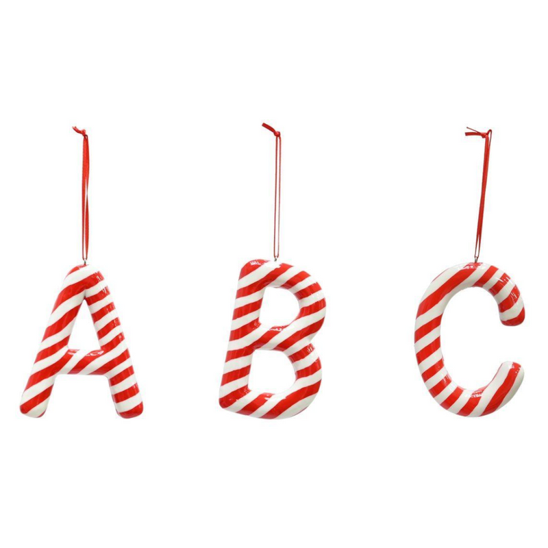 Assorted hanging candy cane alphabet Christmas decoration 10cm